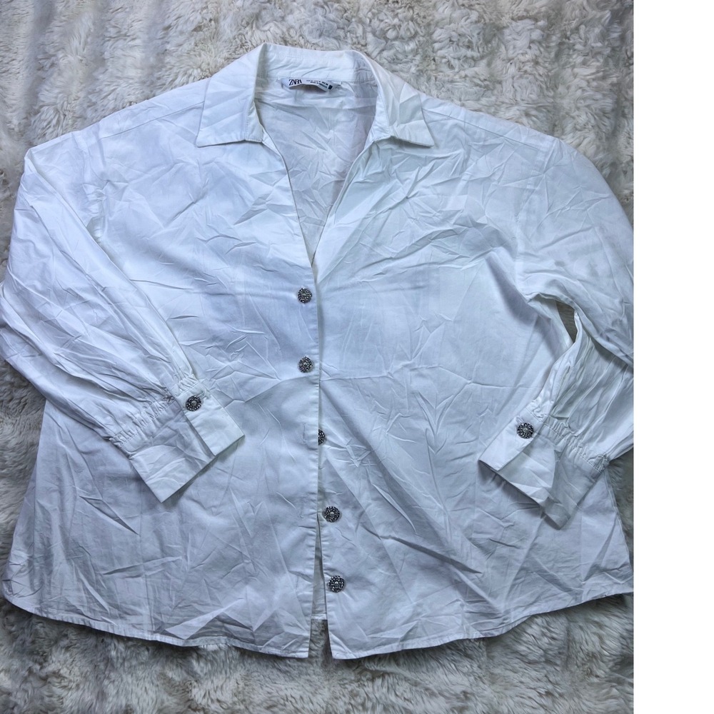 Zara White Embellished Button Down Shirt Rhinestone Pearl V-Neck Long M. A37
